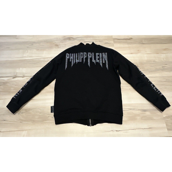 Philipp Plein Men XXL Track Jacket Mockneck Full Zip Crystal Spell out Black - Picture 3 of 14
